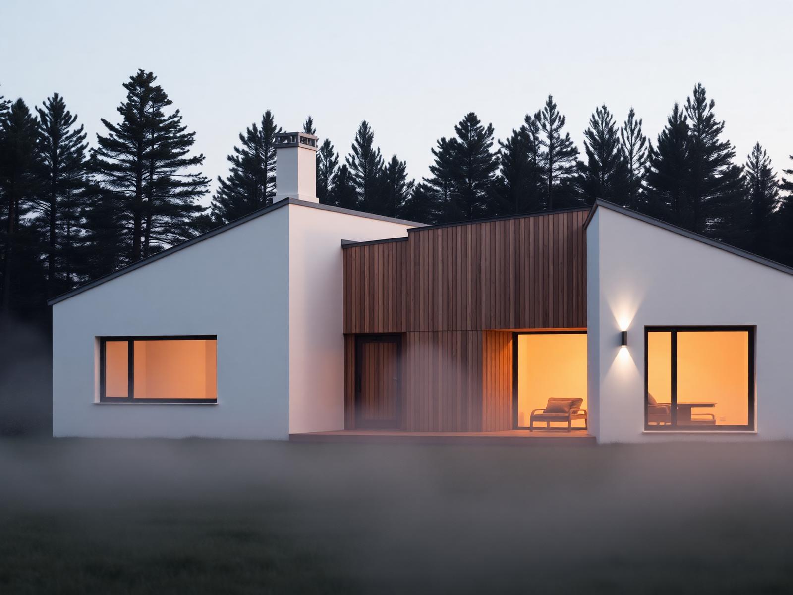 Modern nordisk villa i skymning, klädd i varmt trä och vit puts